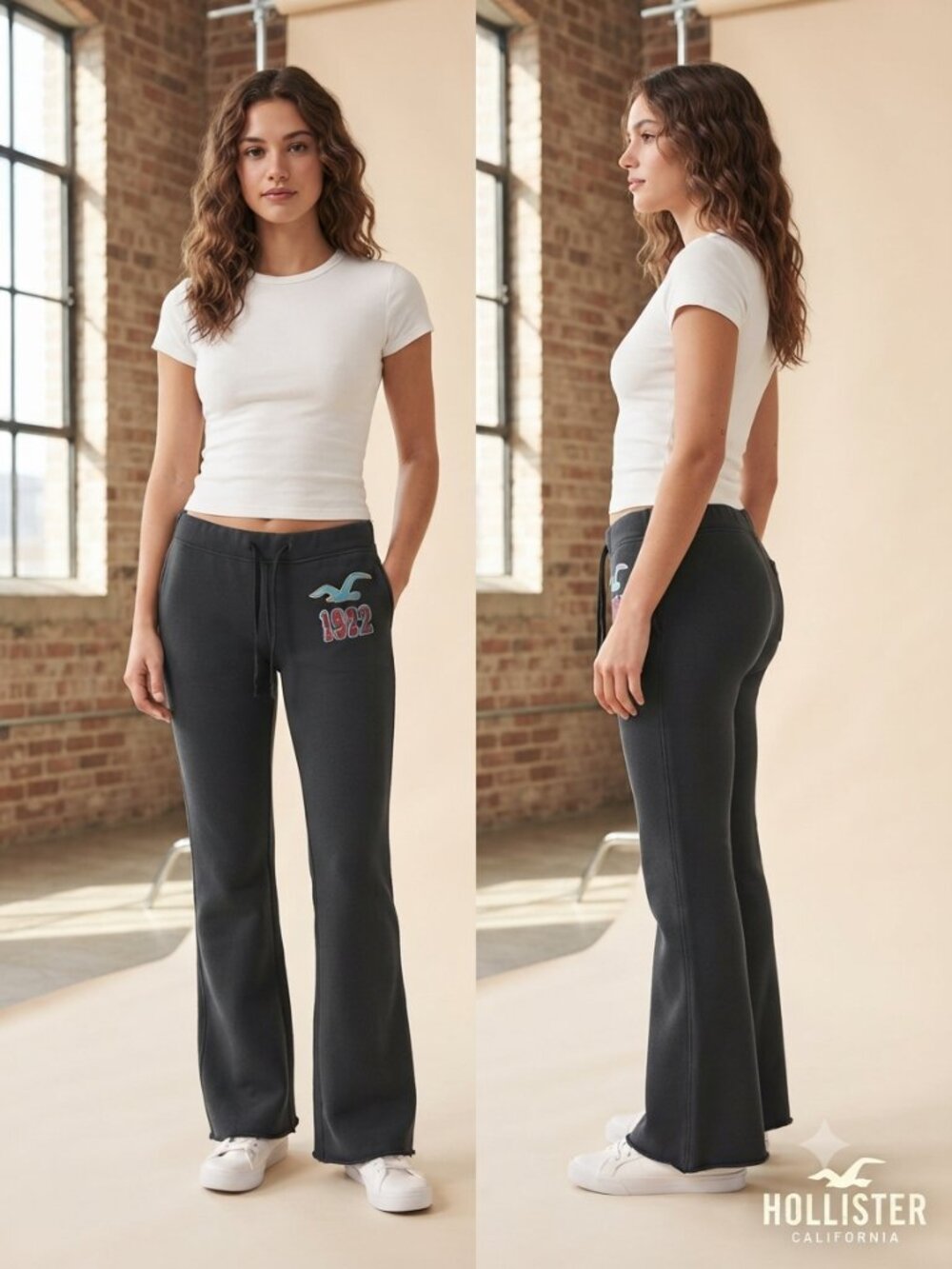 Hollister California Women's Dark Gray Flare Sweatpants 1922 Graphic Size Medium